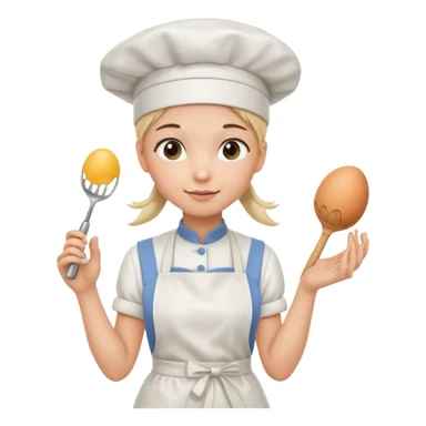 Young female pastry chef - ponytail, apron, wearing a white hat, holding an egg beater in her right hand, and naturally hanging her left hand to her side sticker