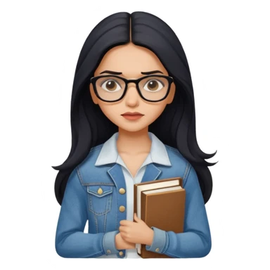 generate a pretty bratz emoji 
Make her look like Deepika Padukone wear a white dress with a denim jacket over it.long  black hair in a side part. Holding books

She should look exactly  like Deepika padukone! wearing tiny rectangular spectacle, looking sad sticker