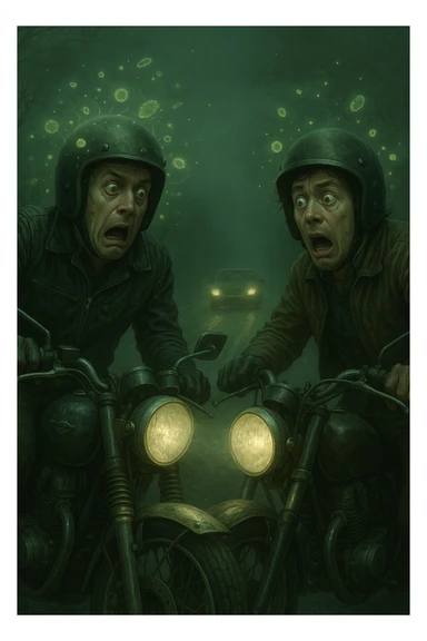 motociclisti spaventati perchè stanno per avere incidente a causa dell'infezione Toxoplasma che altera le loro menti sticker