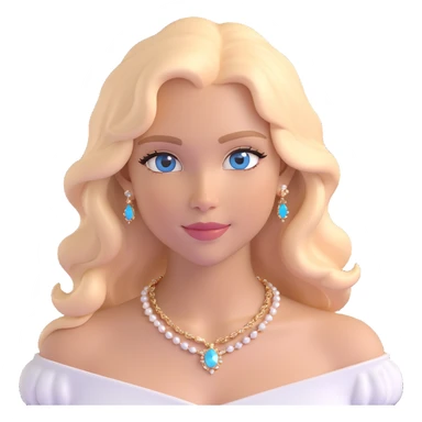 emoji of a girl with long soft wavy blond hair, blue eyes, light tan skin, gentle smile with light peach glossy lips, wearing a Bardot collar white top and a gold necklace with white jewels sticker