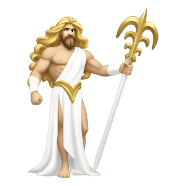 white Poseidon with gold Trident. long hair white dress. show biceps sticker