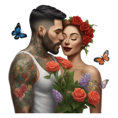 Hyper Realistic beautiful woman being kissed by a handsome tattooed man holding flowers with butterflies  sticker