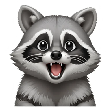 Cinematic-cute realistic- Yawning Raccoon-Portrait-Emoji – Poised and confident, wide-open yawn, revealing a soft grey with a sturdy build and a beautifully textured fur of silver-grey accented by dark black facial markings, deep-set, big black eyes, simplified yet sharp and sophisticated zoom out to show shoulders sticker