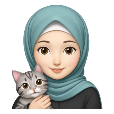 Asian White girl wearing pretty hijab holding a black grey tabby cat while smiling sticker