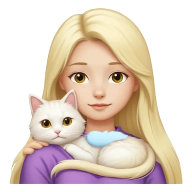 a girl with long blonde hair and a white fluffy cat lying on her left shoulder and neck, emoji style, suitable for Discord and Slack sharing sticker
