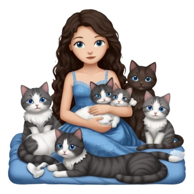 detailed realistic looking a dark grey and white cat regally laying with six other cats, cuddling with their owner in bed who is a pretty bratz lightly tanned white girl with long dark brown hair, blue eyes and gorgeous long wavy hair wearing a pretty detailed dress sticker