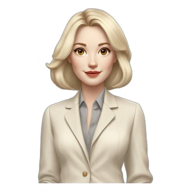 pale skin woman with ash blonde Straightened bob Hair, White Spacious classical jacket, beige palazzo Arrow pants and gray blouse holding RAL colour palette in the hands sticker