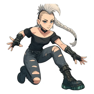 1 female, futurepunk, mohawk white hair, 1 long braid, cybergoth, gothic style, action pose, style of anime, she is looking into the camera, black short sleeve off shoulder top, ripped tight jeans, combat boots sticker