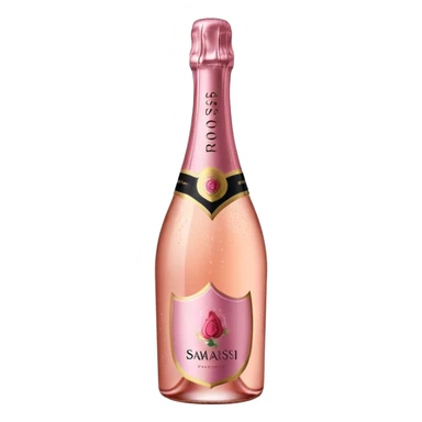 bottle of sparkling rosé champagne with a rose logo on the label, tilted up and to the right, no glass sticker