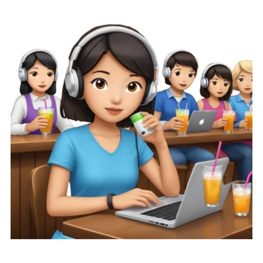 An Asian girl at the crowded bar with a laptop and headphones on holding a drink  sticker
