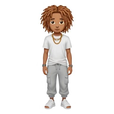 Brown skin boy with dreadlocs with tattoos and stud earrings and ginger/brown hair wearing white tee and grey sweatpants , a chain, and slides  sticker