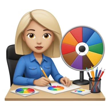 female graphic designer , color wheel, pens, papers , desktop sticker