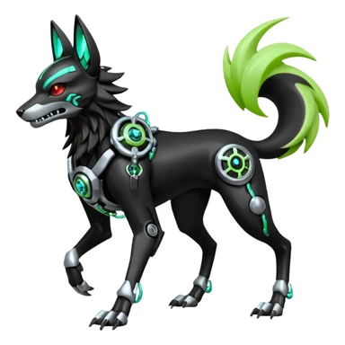 Hyper realistic skeletal black and neon green futuristic shiny colorful mechanical bioluminescent cyber-Cyborg-Poochyena-Lycanroc-Zorua-Litten-Houndoom-Fakémon-Pokémon-Digimon-hybrid-fusion (full body) with a skull face sticker