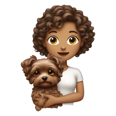 curly brunette hair, white women holding a cute yorkie dog sticker