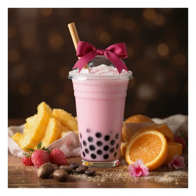 photorealistic elegant pink bubble tea with a bow, transparent background sticker