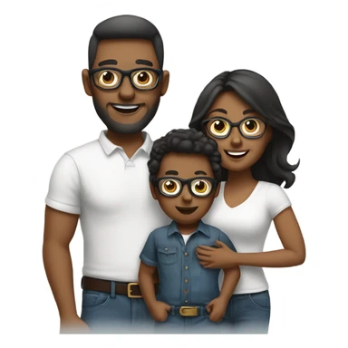 A family of three. Mom dad and toddler son all wearing glasses and jeans with white shirt sticker
