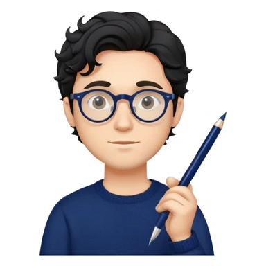 Young caucasian man with black wavy hair, round glasses, navy blue sweater, holding a pen, designer sticker