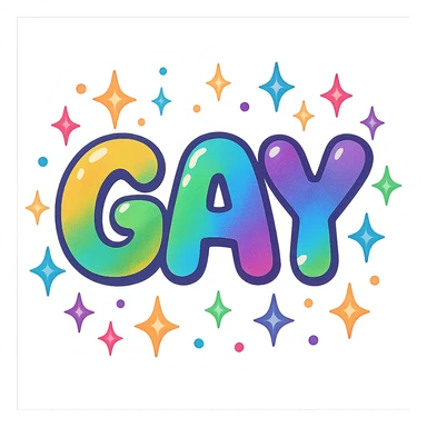 the word GAY in a playful bubble font with rainbow sparkles sticker