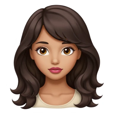 beautiful girl with black wavy long hair and side-swept bangs, tan skin, rose-coloured lips and hazel eyes who looks like a model sticker