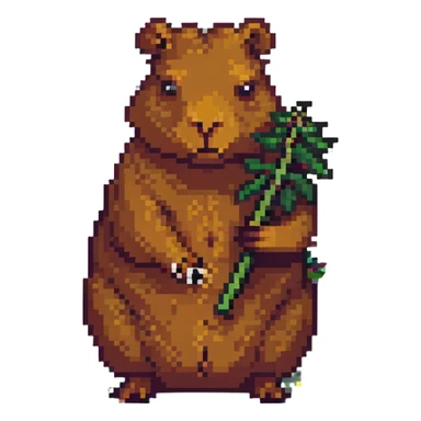 a capybara holding a hand-rolled weed joint, looking content, pixel art style sticker