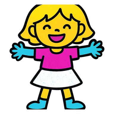 chica con pelo corto, falda blanca y top rosa, estilo ilustración colorida sticker