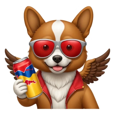 A dog with sunglasses drinking a Red Bull with wings sticker
