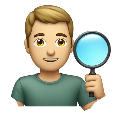 man using magnifying glass to read a computer screen sticker