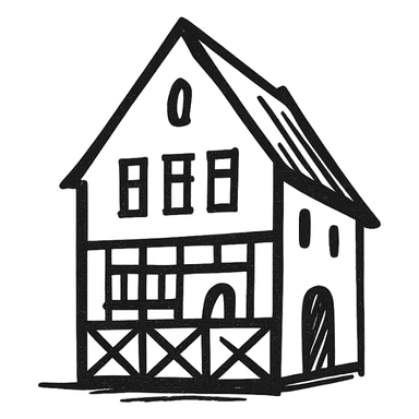 Icon of a house in Kaliningrad, hand drawn, black outlines, no fill, simple and clean, angled view sticker