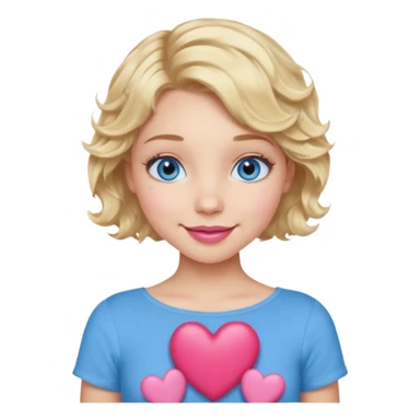 Girl Blonde short wavy hair,  blue eyes, cute blue top, long lashes, pink lips, smiling, holding hearts sticker