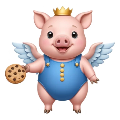 Create a cheerful cartoon character, a pig with a round body, wearing a blue outfit with cookies on its side, and small wings, smiling joyfully sticker