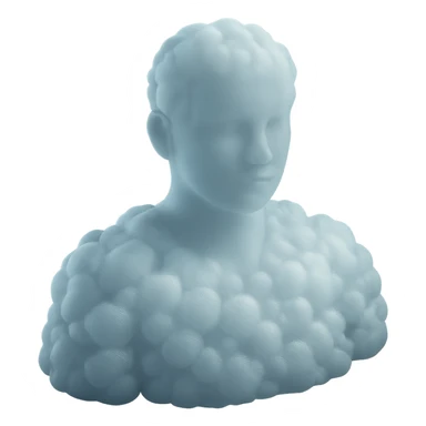 white person facing forward, composed entirely of fluffy, voluminous clouds up to the shoulders, matte glass style sticker