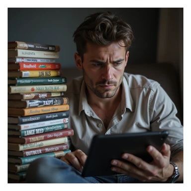 man seeking motivation watching fitness videos on a tablet with a pile of food diaries full of failed attempts next to him, tired expression, 4K details sticker