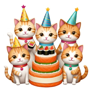 six cats celebrating one cat's birthday party, all cats holding pieces of sushi, birthday cake, party hats, and decorations sticker
