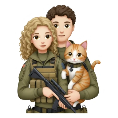 A white boy with long, curly hair. He is wearing tactical gear and holding his girlfriend and a cat (his girlfriend is wearing regular women's clothes). sticker