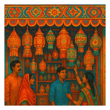 an Indian shop with hanging lanterns, patterned awning, lively, no text sticker