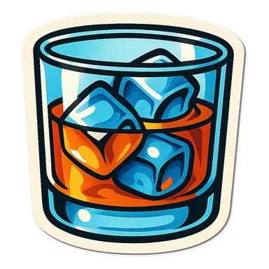whiskey glass with ice cubes, retro stickers style, clear black outlines, expressive shadows and highlights, no gradients, only sharp color transitions, side view sticker