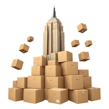 Empire State Building with plain boxes tumbling down, dynamic, fun sticker