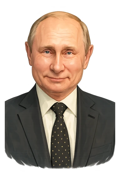 Владимир Путин в слегка рисованном, но при это объемный стиле, слегка улыбается, прозрачный фон sticker