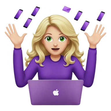 lady with long wavy blonde hair, purple top, green eyes, throwing her with a purple mac laptop hands in the air screaming sticker