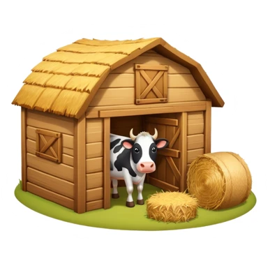 cow barn object icon, wooden stable building, hay bales near entrance, warm light, farm style, 3D cartoon, mobile game icon style, centered, clean background, no text, no watermark
 sticker