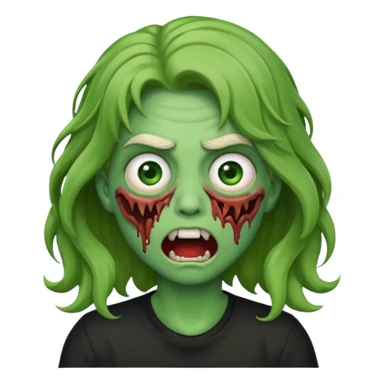 zombi emoji with a wavy medium hair, mouth, nose, green skin, black shirt sticker