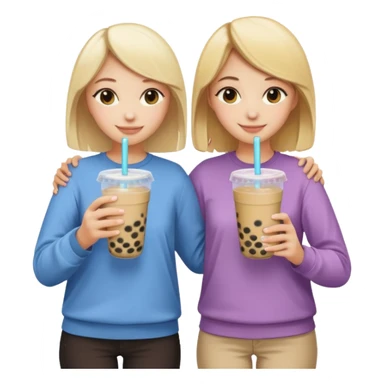 two friends, one blonde and one brunette, standing with their backs, hugging each other with one hand and holding bubble tea with the other, emoji style, both wearing casual clothes sticker