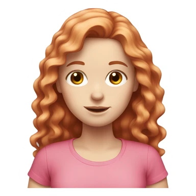 white pale girl with long red brown wavy hair and a pink shirt sticker