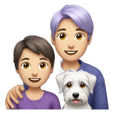 Family picture woman with purple/gray hair, aduld son with dark brown hair and West Highland White Terrier sticker