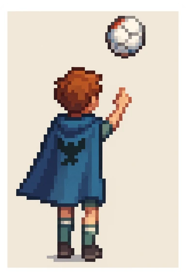 A boy passing a ball, pixel art style, with blue cape sticker