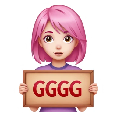 girl with pink hair, big sign saying "GG" sticker