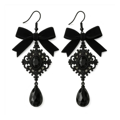 goth earrings with black velvet ribbon, victorian gothic style, elegant and soft sticker