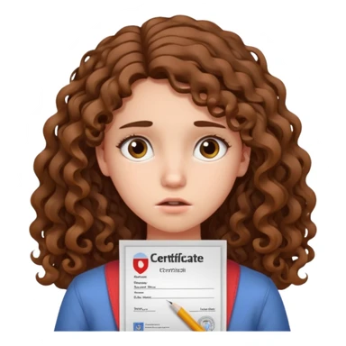 A girl with long curly brown hair shows an IELTS certificate with low score dissapointed sticker