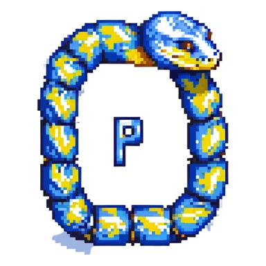 pixel art version of the Python logo, with a blue and yellow palette and a coiled snake forming the shape of the letter 'P' sticker