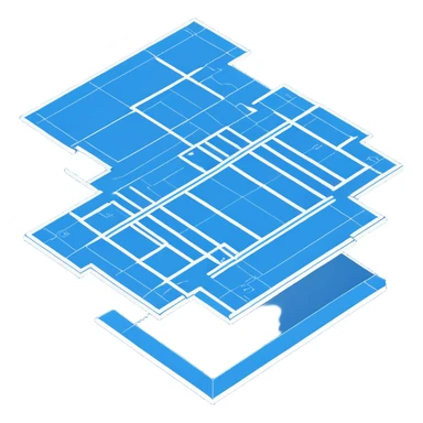blue blueprint plan with white lines, isometric angle showing both side and top sticker